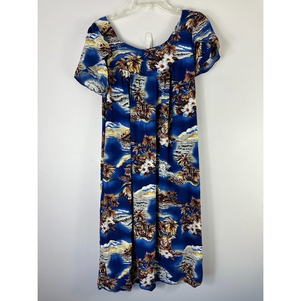 VTG Hilo Hattie Blue Hawaiian Tropical Short Sleeve Midi Dress Women Size Medium